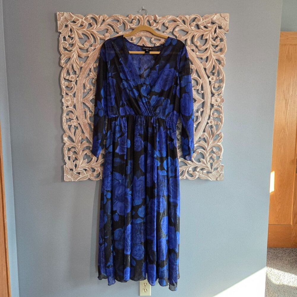 Alexa B Nites blue, black gold floral maxi faux wrap dress, size 14P